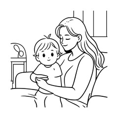Black and White Vector Illustration of a Beautiful Mother Caring for Child in Minimalist Line Art Style