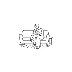 Black and White Vector Illustration of a Beautiful Mother Caring for Child in Minimalist Line Art Style