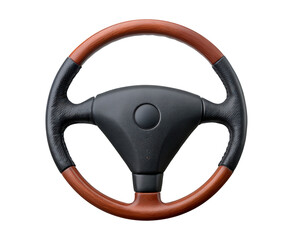 Classic wooden and leather steering wheel with black center emblem on transparent background, PNG