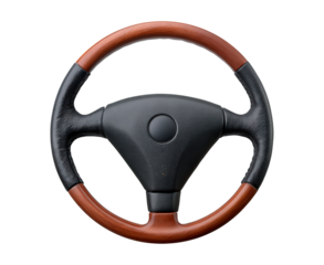 Classic wooden and leather steering wheel with black center emblem on transparent background, PNG