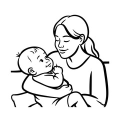 Black and White Vector Illustration of a Beautiful Mother Caring for Child in Minimalist Line Art Style