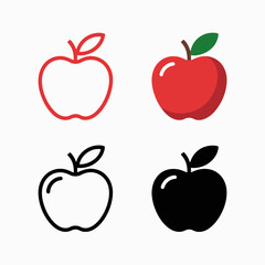 Apple Icons Set in Red and Black Outline and Solid Design Isolated on White