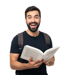 Joyful young man with beard and backpack holding an open book with a wide smile isolated on transparent background
