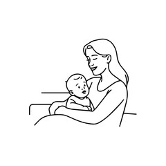 Black and White Vector Illustration of a Beautiful Mother Caring for Child in Minimalist Line Art Style