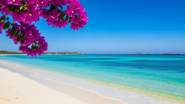 A serene tropical beach scene with turquoise water, white sand, and vibrant pink bougainvillea flowers, capturing the essence of a relaxing vacation getaway ai generated vedio