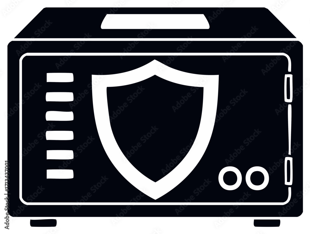 Poster digital safe with shield icon representing robust security and data protection for valuable assets