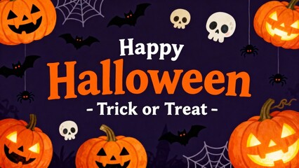 Festive Halloween Night With Pumpkins, Skulls, and Spooky Bats