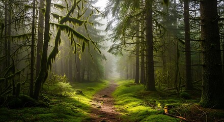 Misty Forest Path Through Trees.