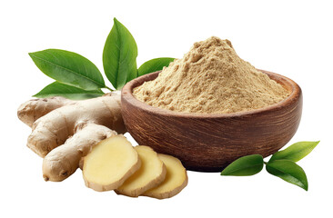 Ground ginger in a bowl, with fresh ginger root and leaves