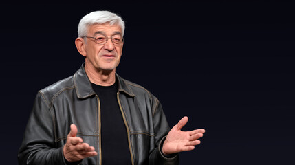 Elderly man in leather jacket speaking with hand gestures on dark background mature confident expression