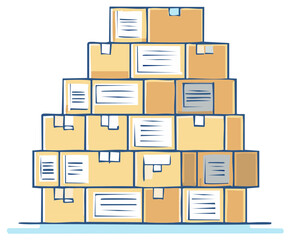 A tall pyramid stack of labeled cardboard boxes in a simple cartoon illustration for shipping or storage