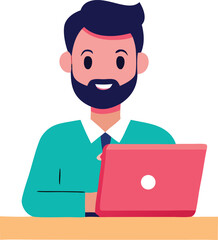 Happy bearded man working on a red laptop computer focused on digital task online professional