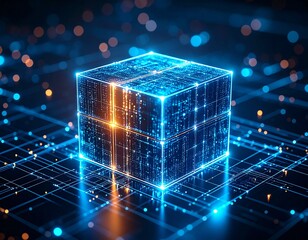 A luminous digital cube composed of intricate circuits, symbolizing data processing and network technology.