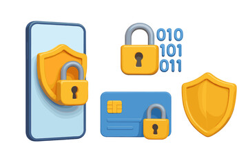 3D mobile security icon set. Smartphone data protection, credit card safety, financial encryption, and privacy concept. Vector cartoon for cybersecurity and secure payment.