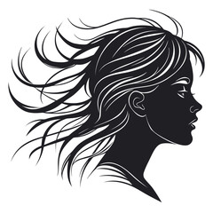 realistic young girl silhouette with loose flowing hair, black fill on white background