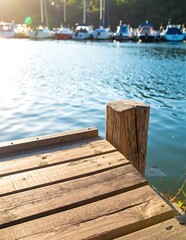 Obraz premium A rustic wooden dock extends over calm waters, with several colorful boats gently bobbing in the background against a serene, sunlit landscape.