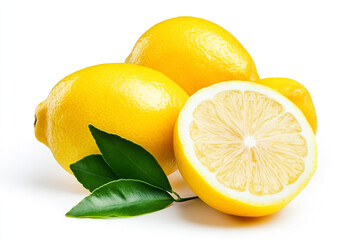 Fresh lemons and a half lemon isolated on white background