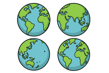 Set of Earth globe maps vector cartoon illustrations with transparent backgrounds, world map views showing continents from different perspectives, colorful and detailed vector design
