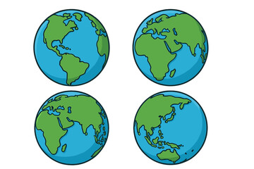 Set of four detailed Earth globes showing different world map views, colorful vector cartoon illustration, geographic layout with continents and oceans, global map collection