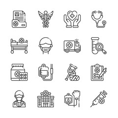 Medical and healthcare line icons set for hospital and emergency use