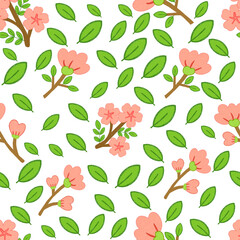 Seamless sakura flower background illustration with green leaves in soft pastel tones. Hand-drawn digital colored pencil style, perfect for spring, Japanese themes, and decorative design projects.