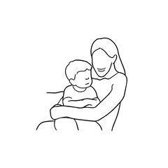 Black and White Vector Illustration of a Beautiful Mother Caring for Child in Minimalist Line Art Style