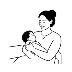 Black and White Vector Illustration of a Beautiful Mother Caring for Child in Minimalist Line Art Style