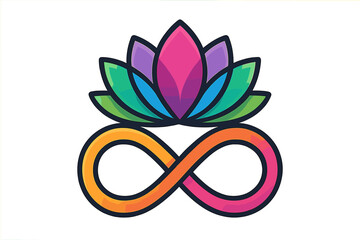 Colorful lotus flower on infinity symbol vector logo. Concept for eternal beauty, wellness, yoga, and meditation. Zen spiritual harmony icon. Endless love sign gradient.
