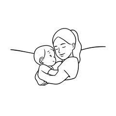 Black and White Vector Illustration of a Beautiful Mother Caring for Child in Minimalist Line Art Style
