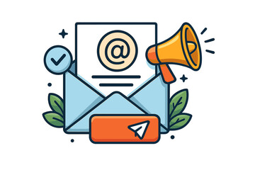Email marketing concept with newsletter subscription form. Subscribe to newsletter banner. Promotion announcement with megaphone. Digital marketing campaign vector illustration.