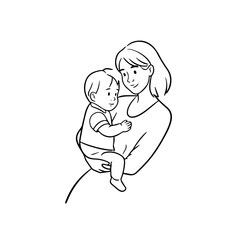 Black and White Vector Illustration of a Beautiful Mother Caring for Child in Minimalist Line Art Style