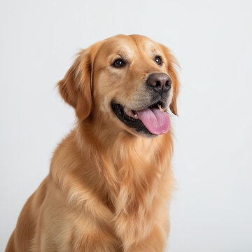Portrait of a mature Golden Retriever dog, cheerful, studio lighting, shiny eyes and fur, full body shot.