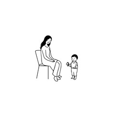 Black and White Vector Illustration of a Beautiful Mother Caring for Child in Minimalist Line Art Style