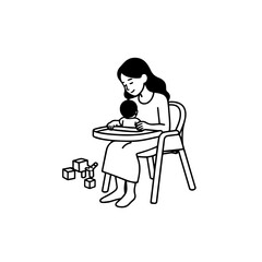 Black and White Vector Illustration of a Beautiful Mother Caring for Child in Minimalist Line Art Style