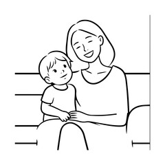 Black and White Vector Illustration of a Beautiful Mother Caring for Child in Minimalist Line Art Style