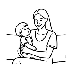 Black and White Vector Illustration of a Beautiful Mother Caring for Child in Minimalist Line Art Style
