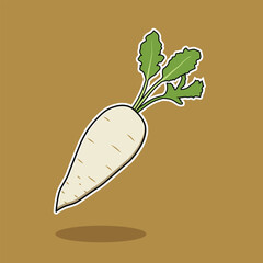 Flat cartoon vector illustration of white radish or turnip with leaves on brown background