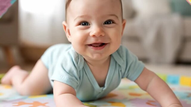 Close up baby crawling toward ball living room floor cinematic handheld parenting early lifestyle stock video. infant creeping toward sphere parlor ground familial beginning