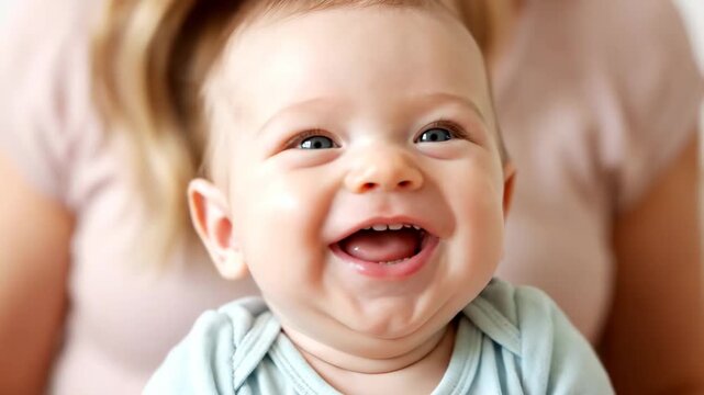 Close up baby laughing while playing peek boo cinematic handheld family bonding lifestyle stock video. infant giggle hide seek filmic domestic relation kinship connection