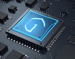 Cybersecurity concept showing a glowing blue shield icon on a computer microprocessor chip.