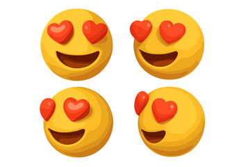 3D love emoji set with heart eyes in various views. Cute yellow smiling face emoticon collection. Concept of adoration, affection, romance, and falling in love. Vector cartoon render.