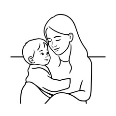 Black and White Vector Illustration of a Beautiful Mother Caring for Child in Minimalist Line Art Style