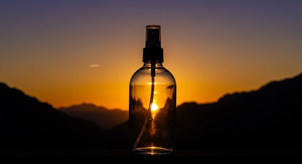 Clear spray bottle silhouetted against a vibrant sunset over mountains