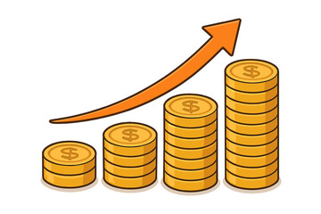 Financial growth concept with stack of gold coins and rising arrow. Investment success, income increase, and profit graph. Business revenue, stock market, and wealth chart.