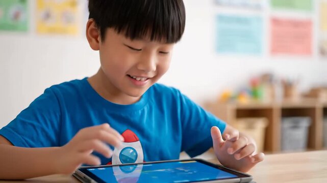 Close up child playing educational spelling game tablet cinematic handheld early learning stock video. young kid enjoys digital wordplay slate handheld shot preschool knowledge