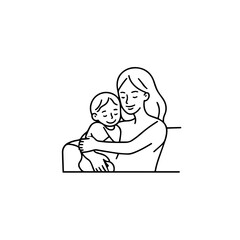 Black and White Vector Illustration of a Beautiful Mother Caring for Child in Minimalist Line Art Style