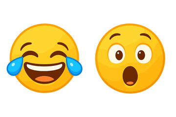 Laughing with tears of joy emoji and surprised face emoticon set. Vector icons expressing happiness, amusement, and shock. Yellow cartoon smiley characters for chat, social media.