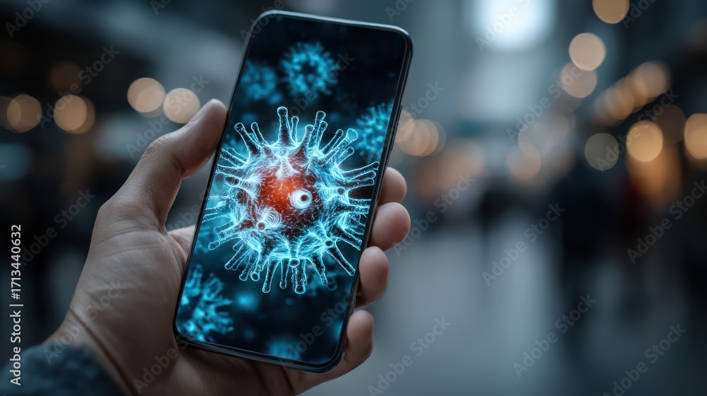 Aufkleber a hand holds a smartphone displaying a 3d digital representation of a virus, symbolizing virus track
