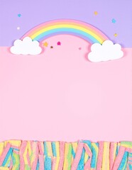 A vibrant pink background adorned with whimsical rainbows arching gracefully, complemented by fluffy white clouds drifting playfully across the scene.