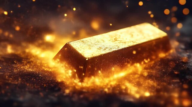 Golden gold ingot engulfed in fiery flames on dark surface dramatic lighting and rich textures